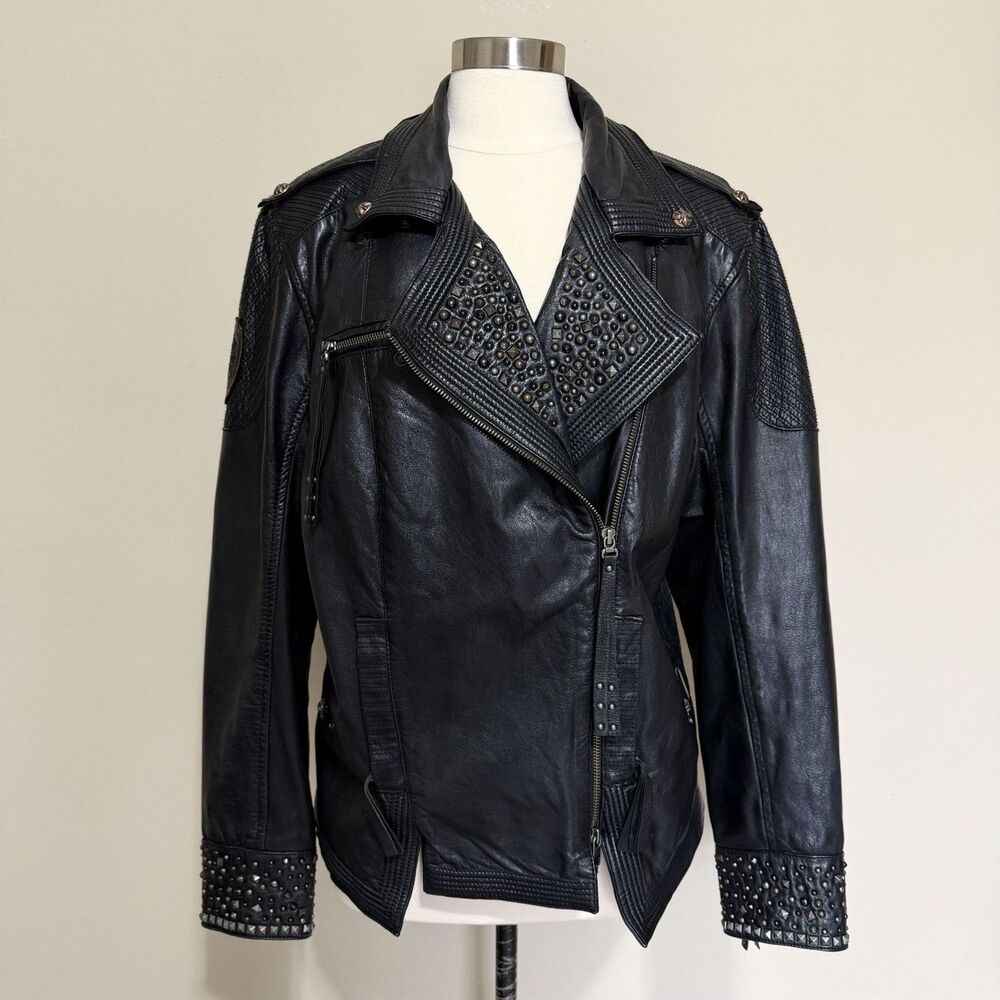 Harley Davidson Black Cowhide Leather Jacket Studded Tassels Zippers Women's 2XL